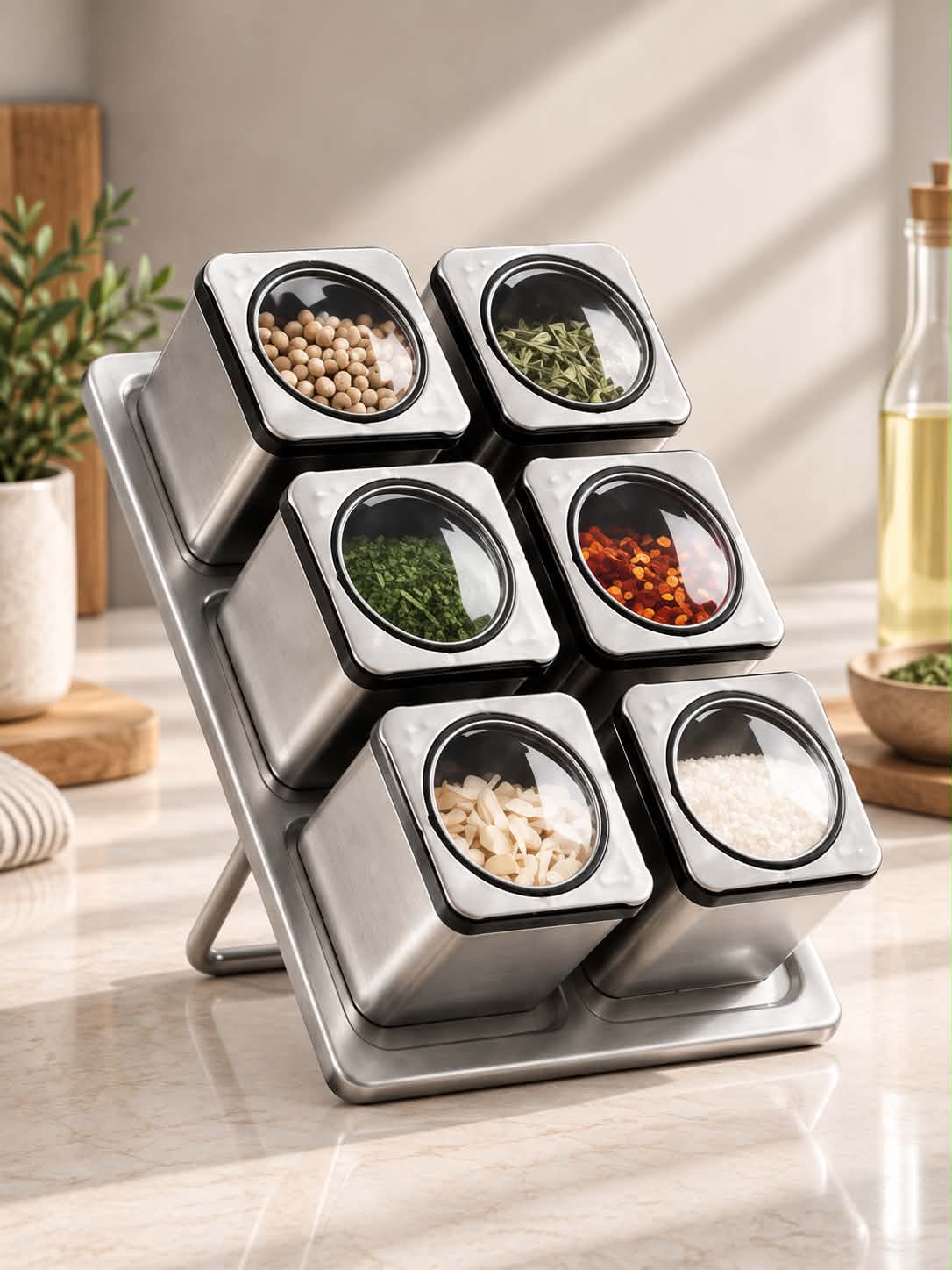 6-Piece Magnetic Spice Jar Set with Storage Rack – Stainless Steel Kitchen Seasoning Organizer with Clear Lids for Herbs, Spices & Condiments