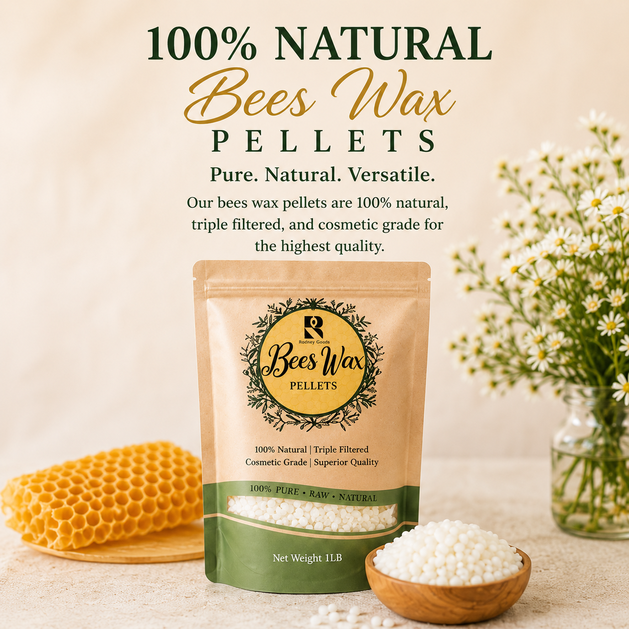 100% Natural Beeswax Pellets for Candle Making – Triple Filtered Pure Yellow Bees Wax (1 LB)