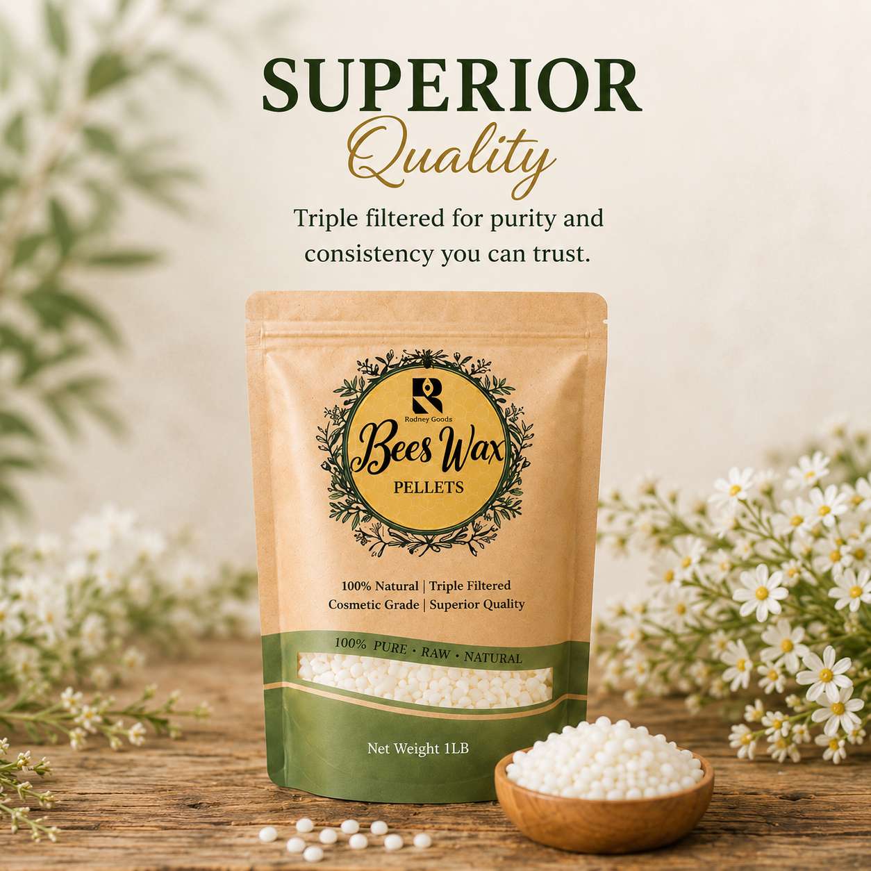 100% Natural Beeswax Pellets for Candle Making – Triple Filtered Pure Yellow Bees Wax (1 LB)