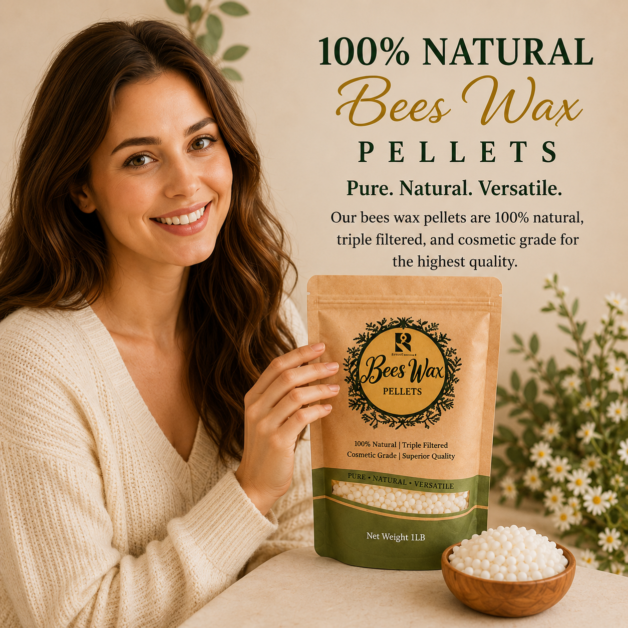 100% Natural Beeswax Pellets for Candle Making – Triple Filtered Pure Yellow Bees Wax (1 LB)