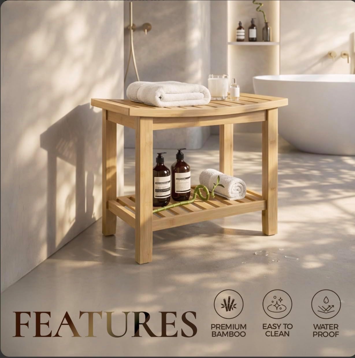Natural Wood Finish, Eco-Friendly Small Bench for Bathroom, Bedroom, Entryway, or Spa – Durable, Lightweight & Stylish Seating or Step Stool