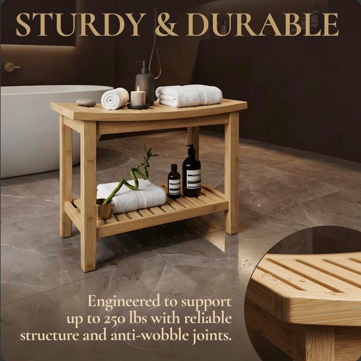 Natural Wood Finish, Eco-Friendly Small Bench for Bathroom, Bedroom, Entryway, or Spa – Durable, Lightweight & Stylish Seating or Step Stool
