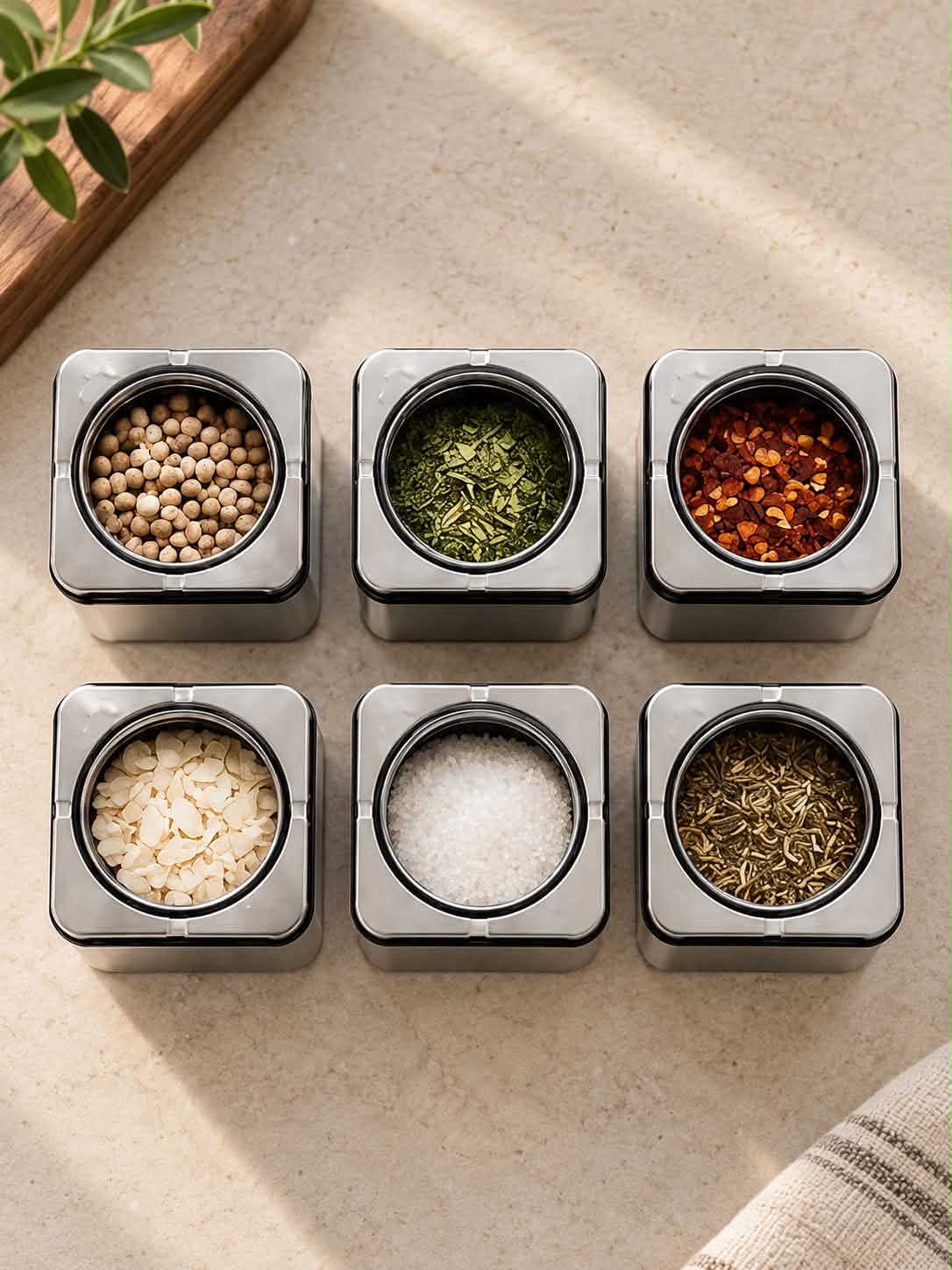 6-Piece Magnetic Spice Jar Set with Storage Rack – Stainless Steel Kitchen Seasoning Organizer with Clear Lids for Herbs, Spices & Condiments