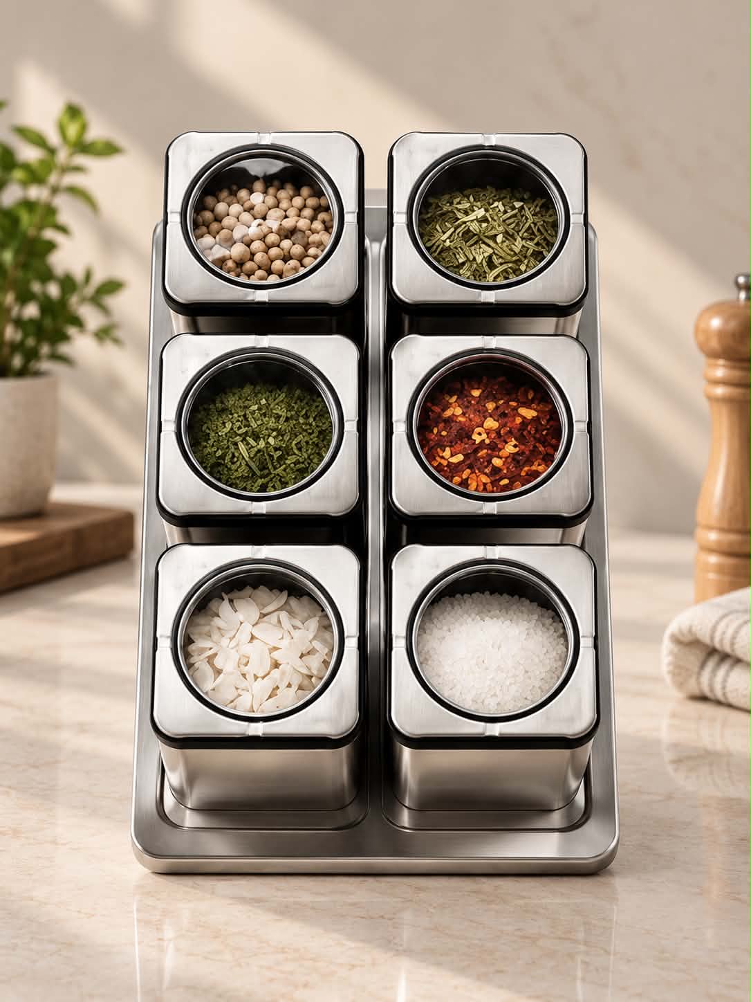 6-Piece Magnetic Spice Jar Set with Storage Rack – Stainless Steel Kitchen Seasoning Organizer with Clear Lids for Herbs, Spices & Condiments