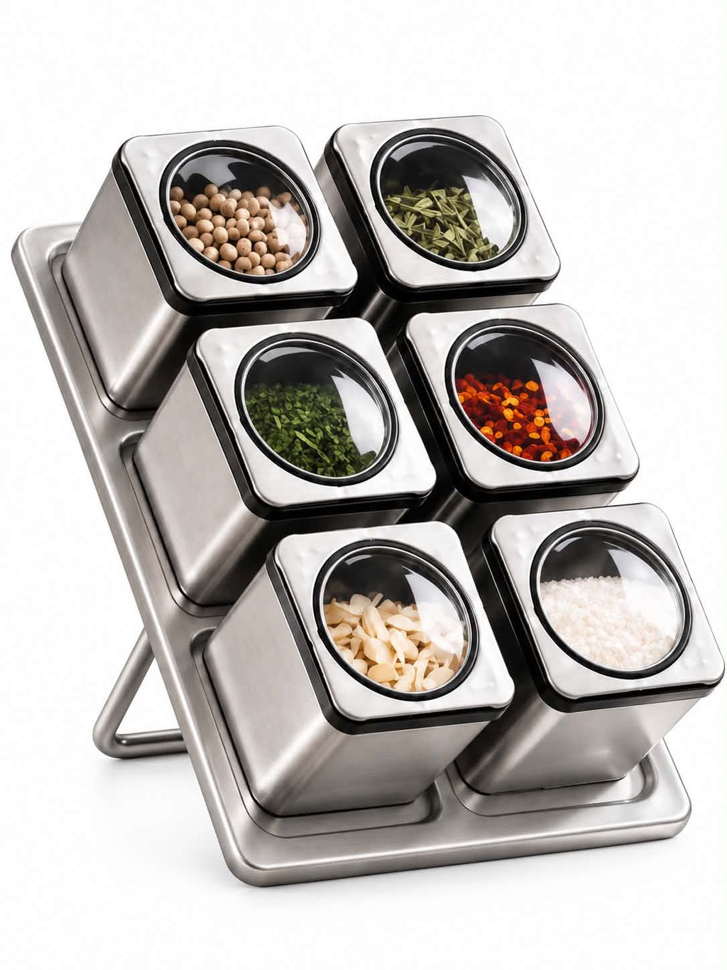 6-Piece Magnetic Spice Jar Set with Storage Rack – Stainless Steel Kitchen Seasoning Organizer with Clear Lids for Herbs, Spices & Condiments