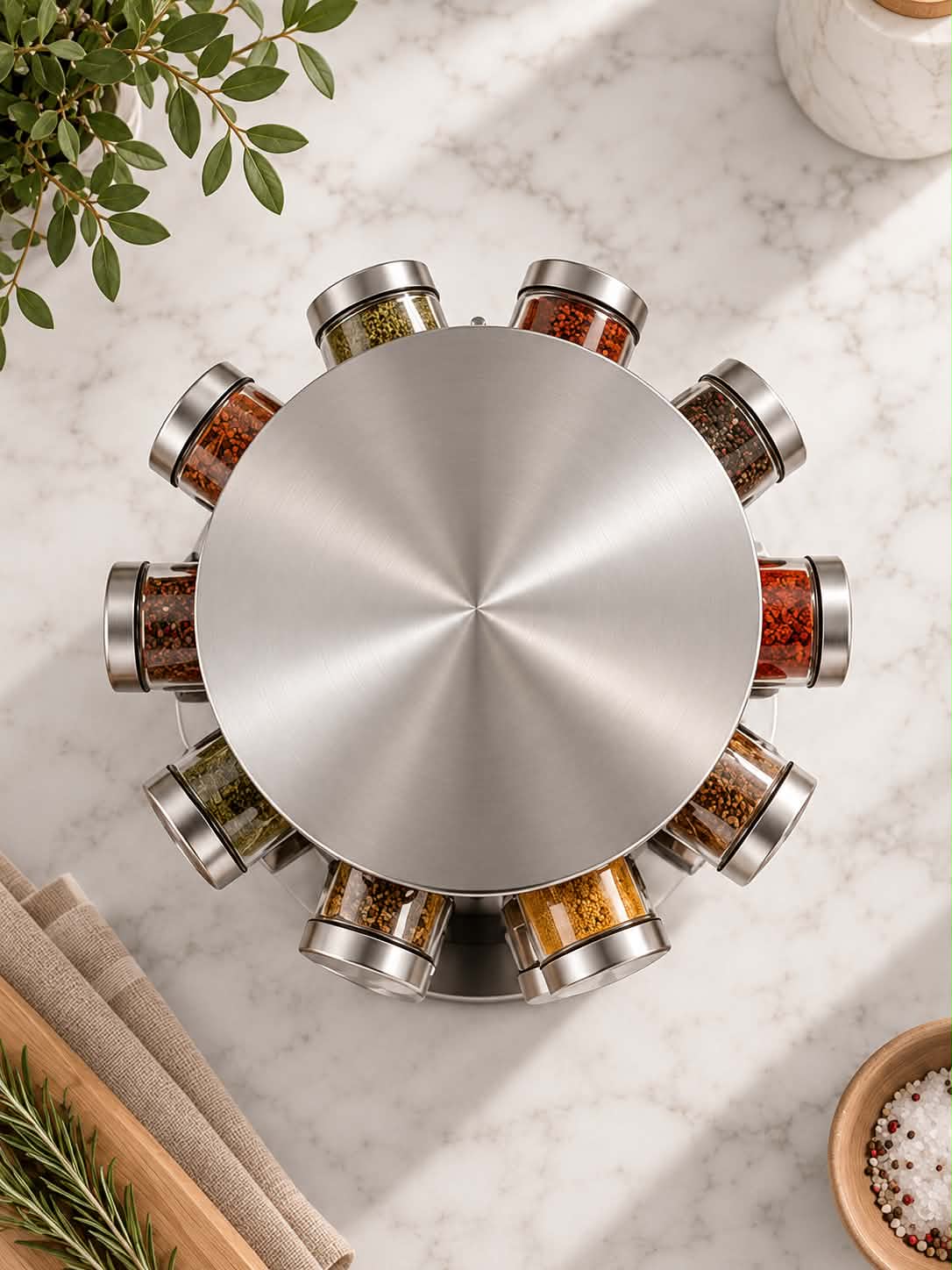 Rotating Stainless Steel Spice Rack – Multifunctional 360° Kitchen Seasoning Bottle Storage Organizer for Countertop, Modern Space-Saving Spice & Condiment Holder
