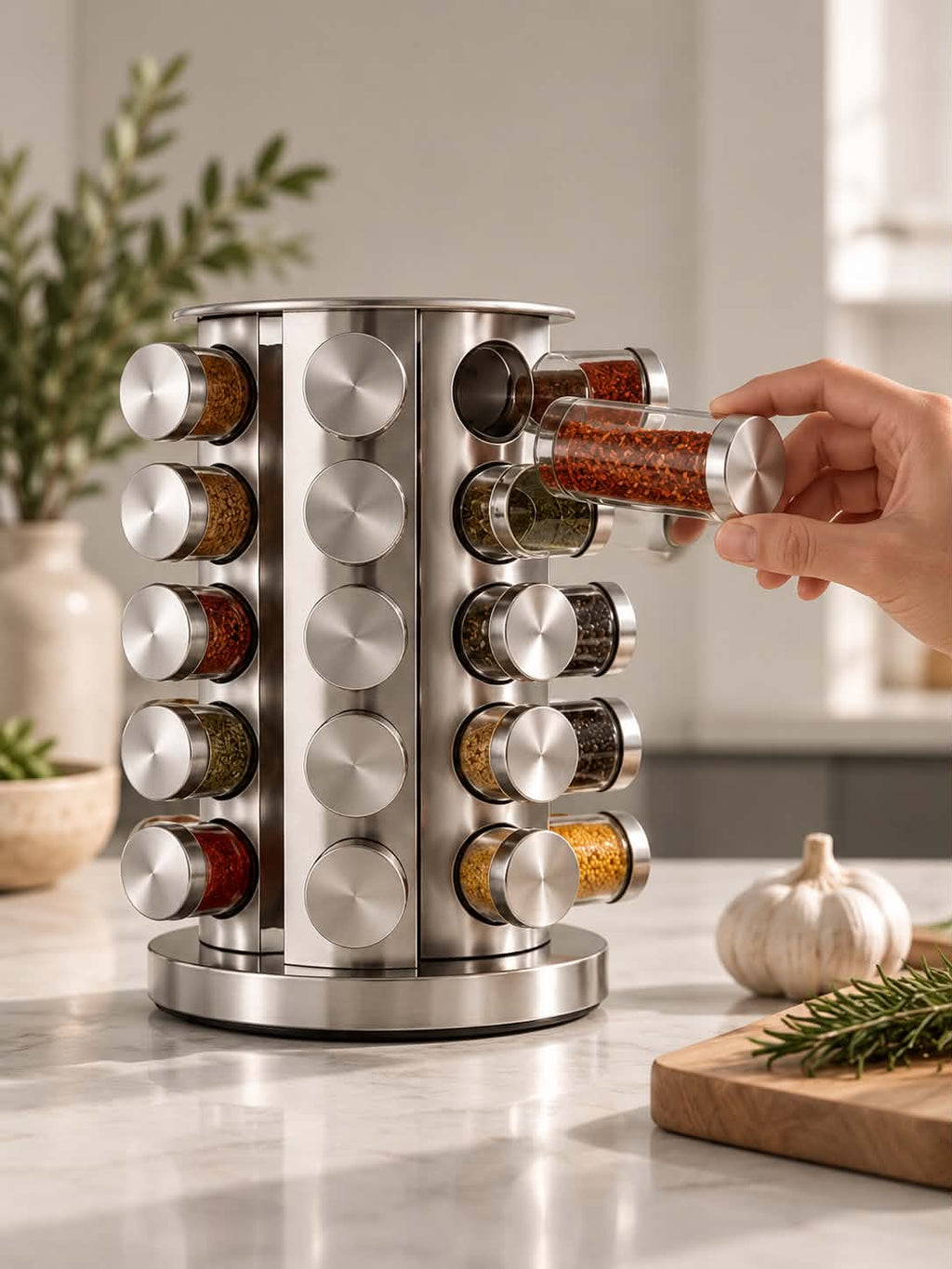 Rotating Stainless Steel Spice Rack – Multifunctional 360° Kitchen Seasoning Bottle Storage Organizer for Countertop, Modern Space-Saving Spice & Condiment Holder