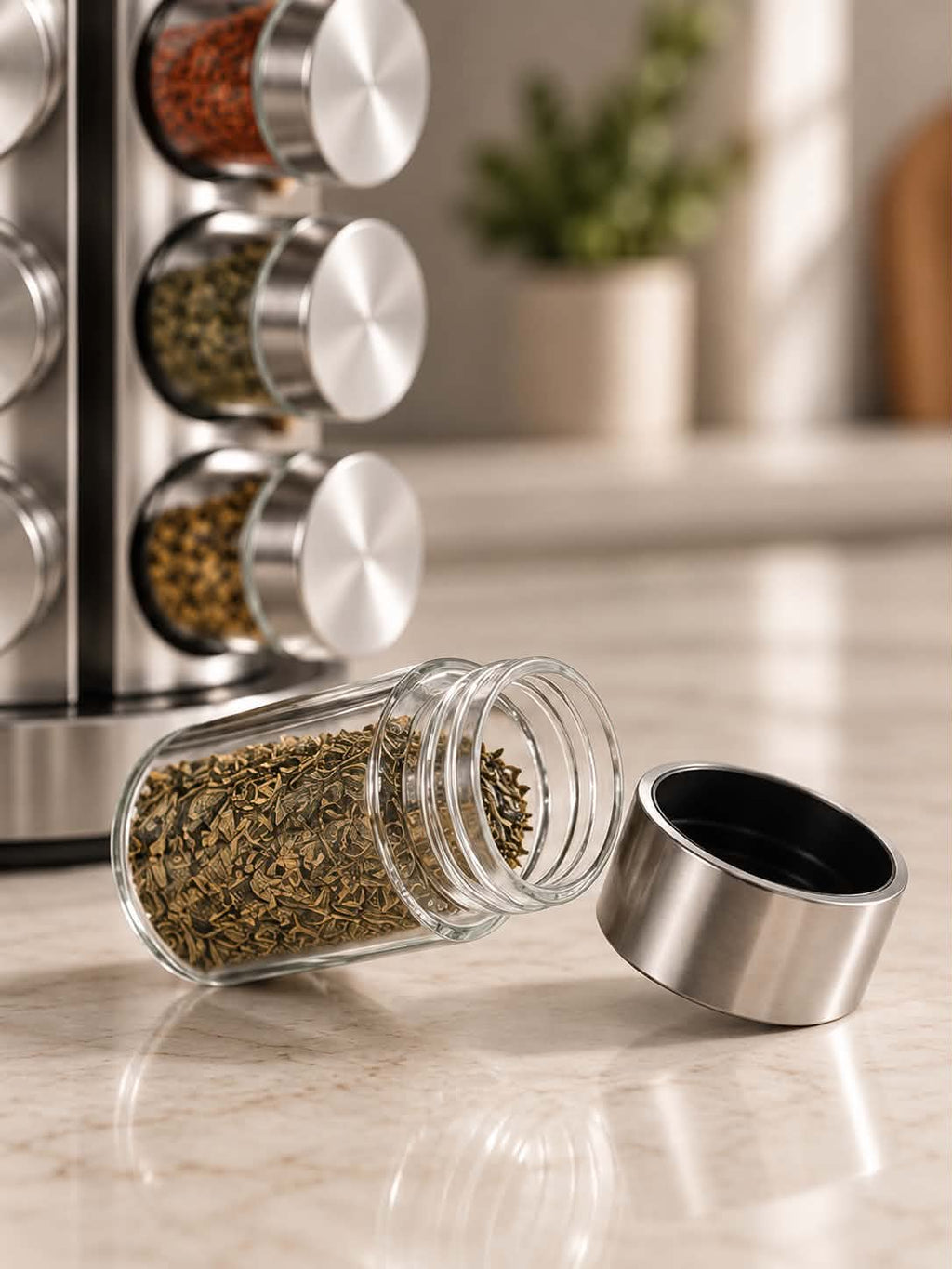 Rotating Stainless Steel Spice Rack – Multifunctional 360° Kitchen Seasoning Bottle Storage Organizer for Countertop, Modern Space-Saving Spice & Condiment Holder