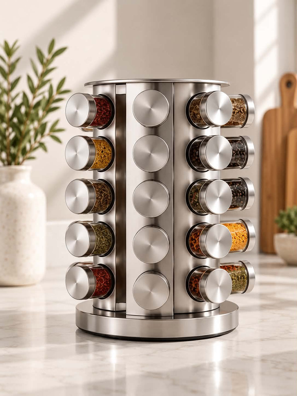 Rotating Stainless Steel Spice Rack – Multifunctional 360° Kitchen Seasoning Bottle Storage Organizer for Countertop, Modern Space-Saving Spice & Condiment Holder