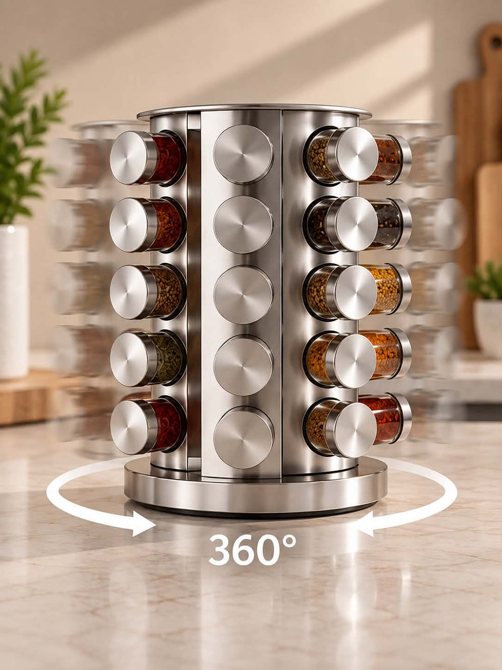 Rotating Stainless Steel Spice Rack – Multifunctional 360° Kitchen Seasoning Bottle Storage Organizer for Countertop, Modern Space-Saving Spice & Condiment Holder