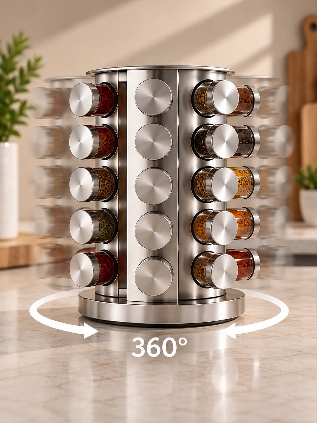 Rotating Stainless Steel Spice Rack – Multifunctional 360° Kitchen Seasoning Bottle Storage Organizer for Countertop, Modern Space-Saving Spice & Condiment Holder